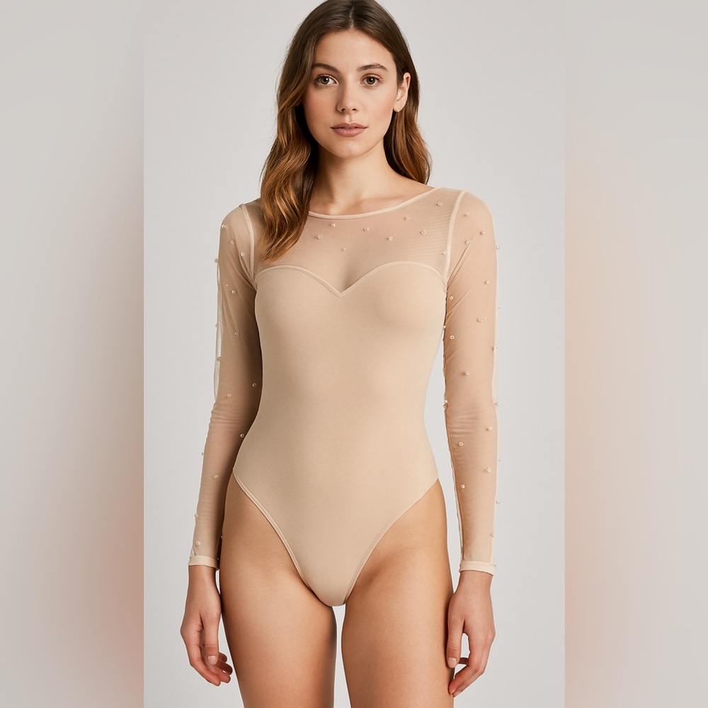 Luxe pink Bodysuit with Sheer Embellished Sleeves